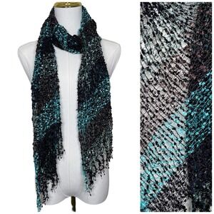 Vintage Krazy Kat Black Teal Blue Scarf Textured Open Knit Fringe‎ Y2K Boho Chic